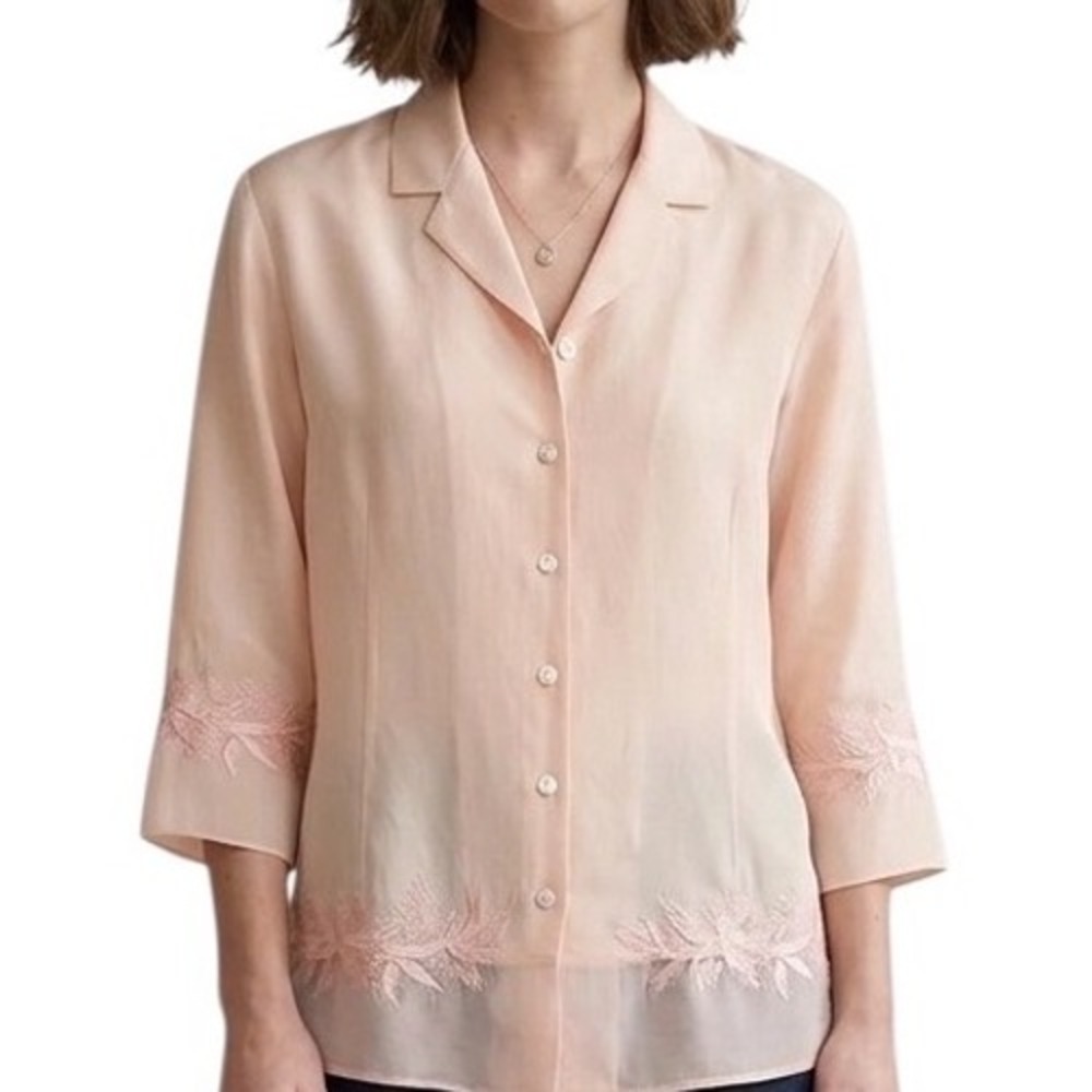 Silkland Womens Pink 100% Silk Embroidered 3/4 Sleeve Button Front Blouse Size M